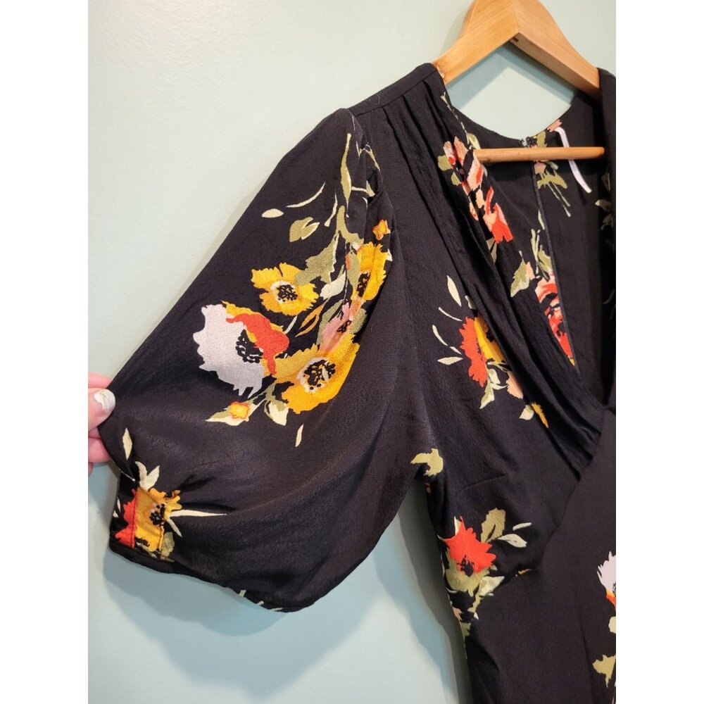 Free People Black Floral Puff Sleeve Babydoll Whimsigoth Fairy Grunge Dress 10 - Picture 3 of 7